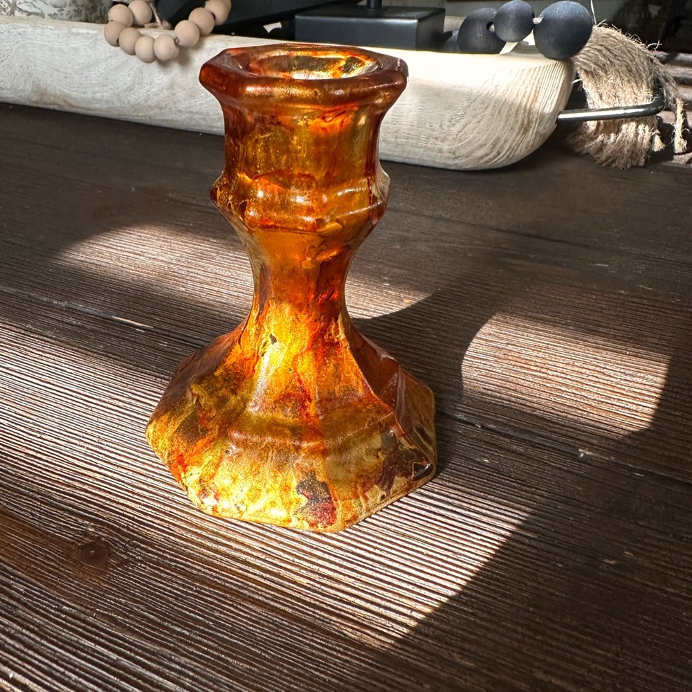 Hand crafted Amber hand painted Glass Candle Holder